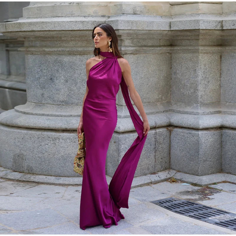 Vestido Longo Cetim Um Ombro Só Com Amarração No Pescoço Amarelo