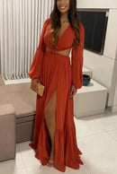 Vestido Longo Manga Longa Com Fenda em Musseline Rosa