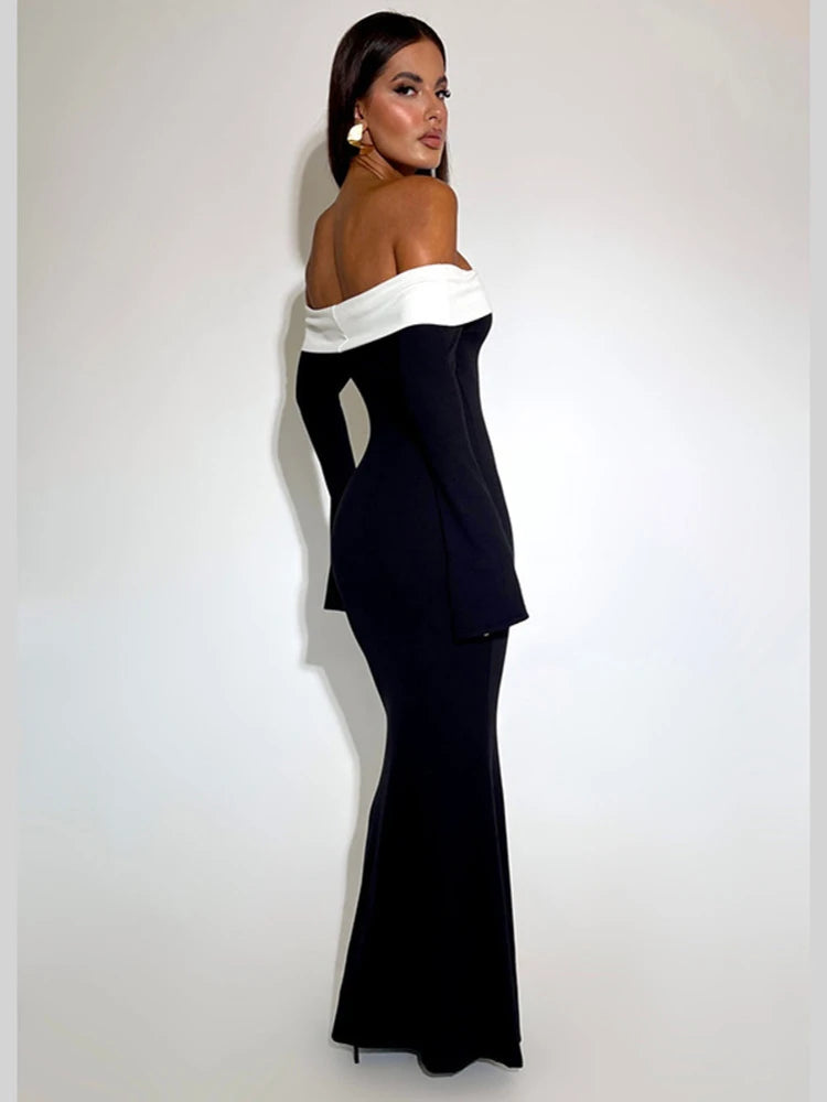 Vestido Longo Ombro a Ombro Com Manga Longa Preto
