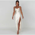 Vestido Longo Com Fenda De Cetim Verde