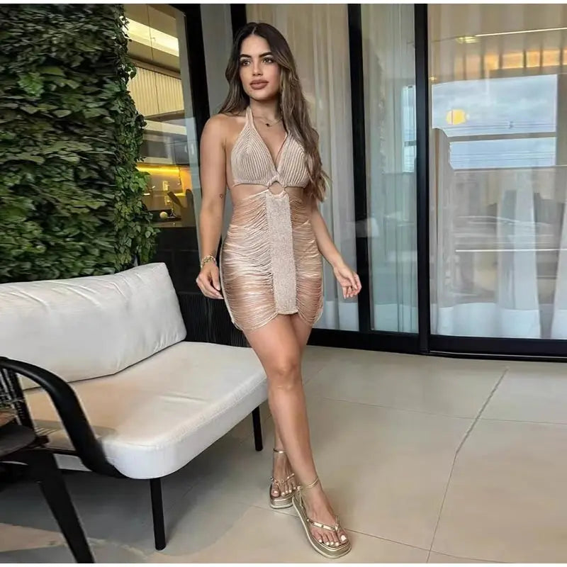 Vestido Curto De Tricô Com Franjas Rosa