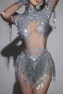 Macaquinho De Tule Manga Longa Com Pedrarias e Franjas