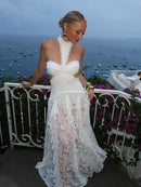Vestido Longo Todo Rendado Com Babados Branco