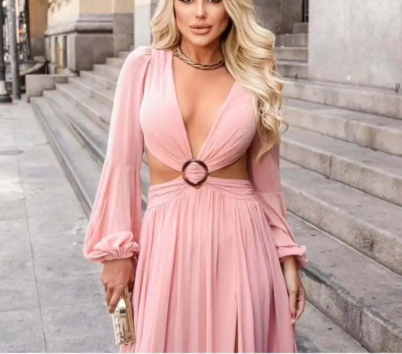 Vestido Longo Manga Longa Com Fenda em Musseline Rosa