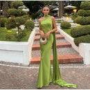 Vestido Longo Cetim Um Ombro Só Com Amarração No Pescoço Amarelo