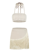 Conjunto 2 Peças Top e Saia Com Franja Bege