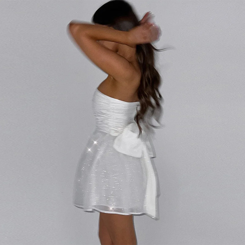 Vestido Curto Tomara Que Caia Em Lurex Brilhoso Bege