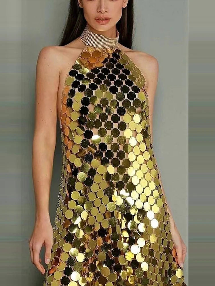 Vestido Curto De Lantejoulas Gola Halter Prata
