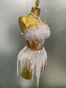 Macaquinho Em Tule Sem Manga Com Pérolas e Franjas Branco