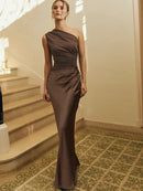 Vestido Longo Em Cetim Um Ombro Só Drapeado Azul