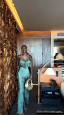 Conjunto 2 Peças Todo Em Franjas Top + Calça Verde