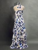 Vestido Longo Estampado Com Babados E Amarração No Pescoço