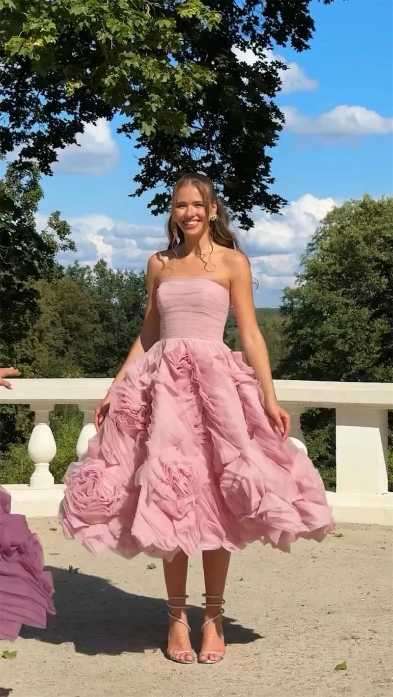 Vestido Midi Rodado Flores 3D Rosa