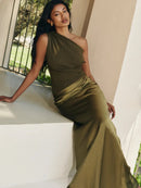 Vestido Longo Em Cetim Um Ombro Só Drapeado Azul