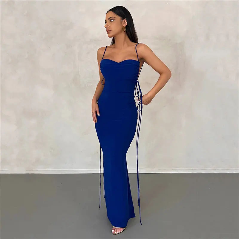Vestido Longo Cauda Drapeada Alça Fina Preto