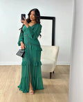 Vestido Longo Manga Longa Gola V Com Babados Verde