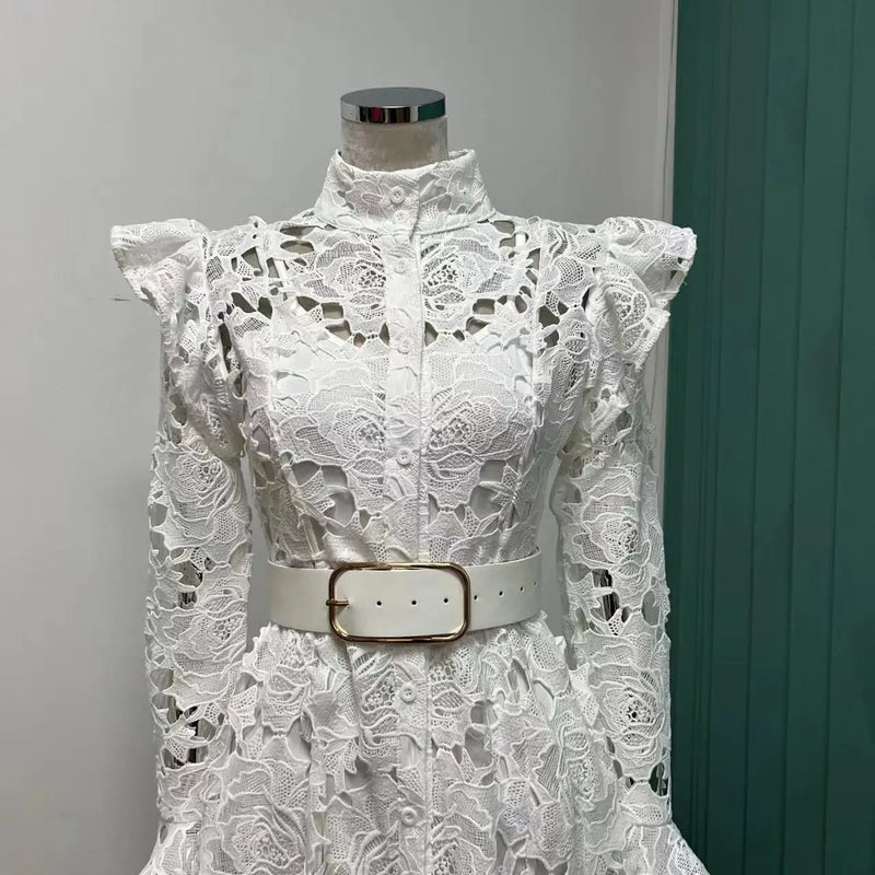 Vestido Midi Rendado Manga Longa Com Cinto Branco