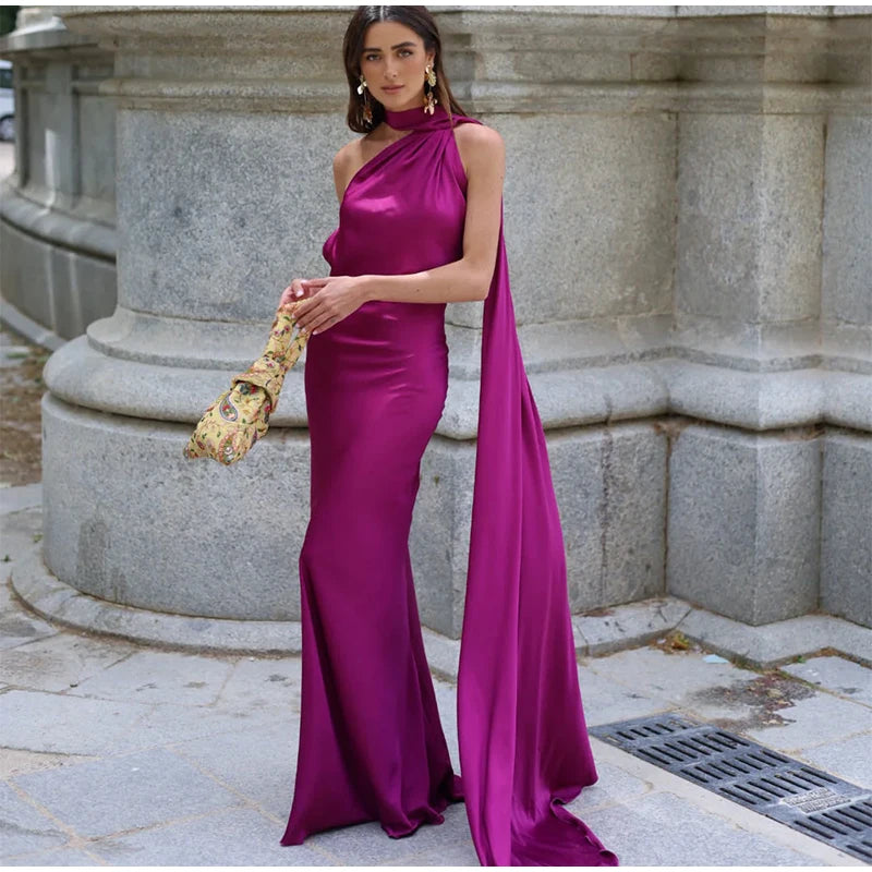 Vestido Longo Cetim Um Ombro Só Com Amarração No Pescoço Amarelo