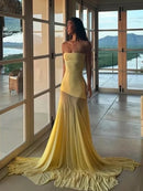 Vestido Longo Tomara Que Caia Sobreposto Em Chiffon Amarelo