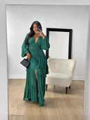 Vestido Longo Manga Longa Gola V Com Babados Rosa