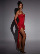 Vestido Longo Em Lurex Brilhoso Com Fenda Rosa