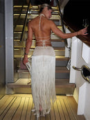 Vestido Longo De Franjas Com Recortes Assimétricos Off White