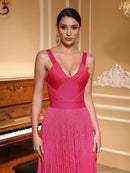 Vestido Longo De Malha Todo Em Franjas Pink