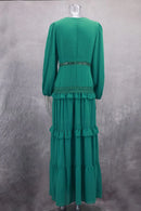 Vestido Longo Manga Longa Gola V Com Babados Rosa