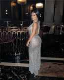 Vestido Longo Translucido Gola Solta Com Brilho Preto