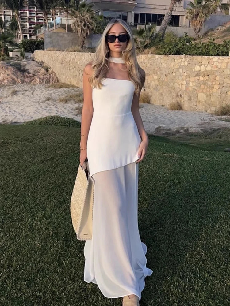 Vestido Longo Tomara Que Caia Assimétrico Sobreposto Marrom