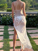 Vestido Longo Translucido Flores 3D