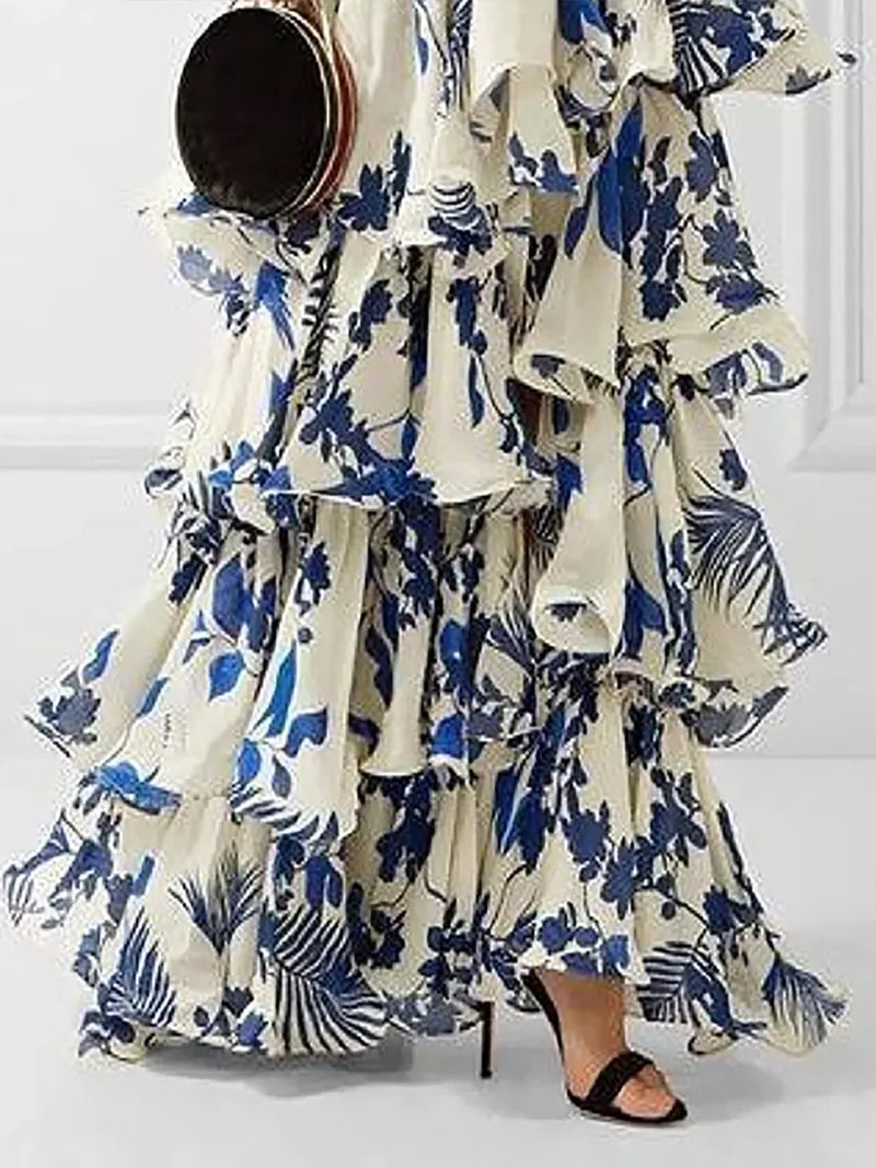 Vestido Longo Estampado Com Babados E Amarração No Pescoço