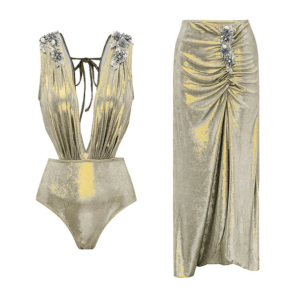 Conjunto 2 Peças Maiô e Saia Acetinado Dourado