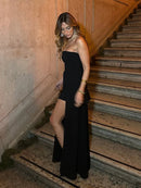 Vestido Longo Tomara Que Caia Assimétrico Sobreposto Marrom