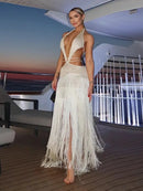 Vestido Longo De Franjas Com Recortes Assimétricos Off White