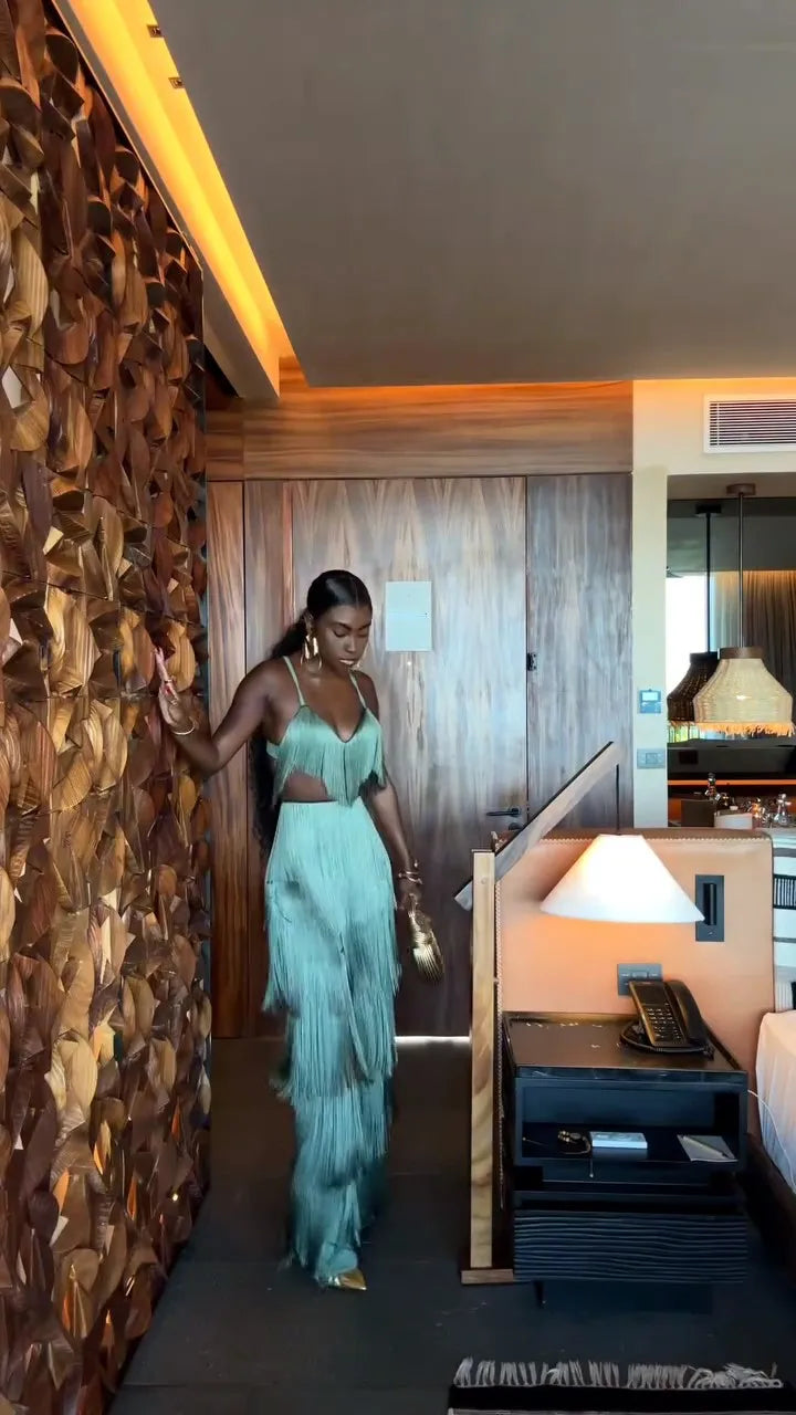 Conjunto 2 Peças Todo Em Franjas Top + Calça Verde