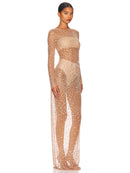 Vestido Longo Segunda Pele Com Strass Nude