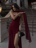 Vestido Longo Tomara Que Caia Assimétrico Sobreposto Marrom