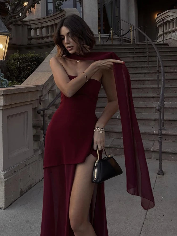 Vestido Longo Tomara Que Caia Assimétrico Sobreposto Marrom