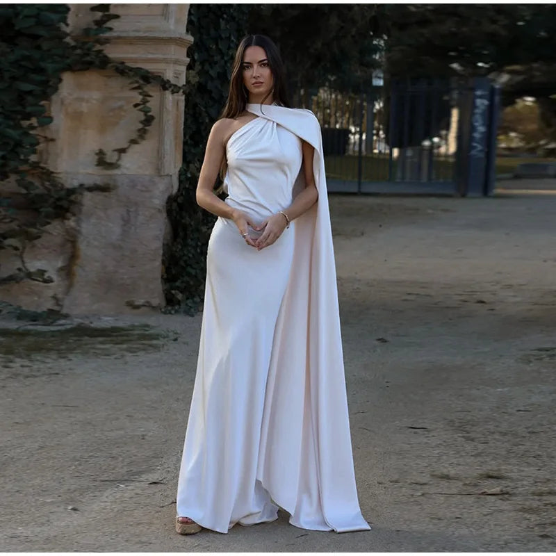 Vestido Longo Cetim Um Ombro Só Com Amarração No Pescoço Amarelo