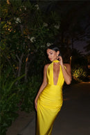 Vestido Longo Recorte Reto Com Fenda Amarelo