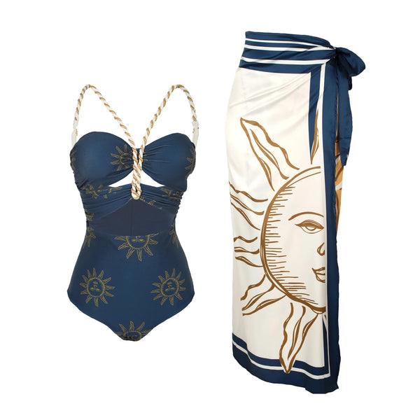 Conjunto 2 Peças Maiô e Saia Estampa Solar Azul Marinho