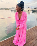 Vestido Longo Manga Longa Gola V Com Babados Rosa