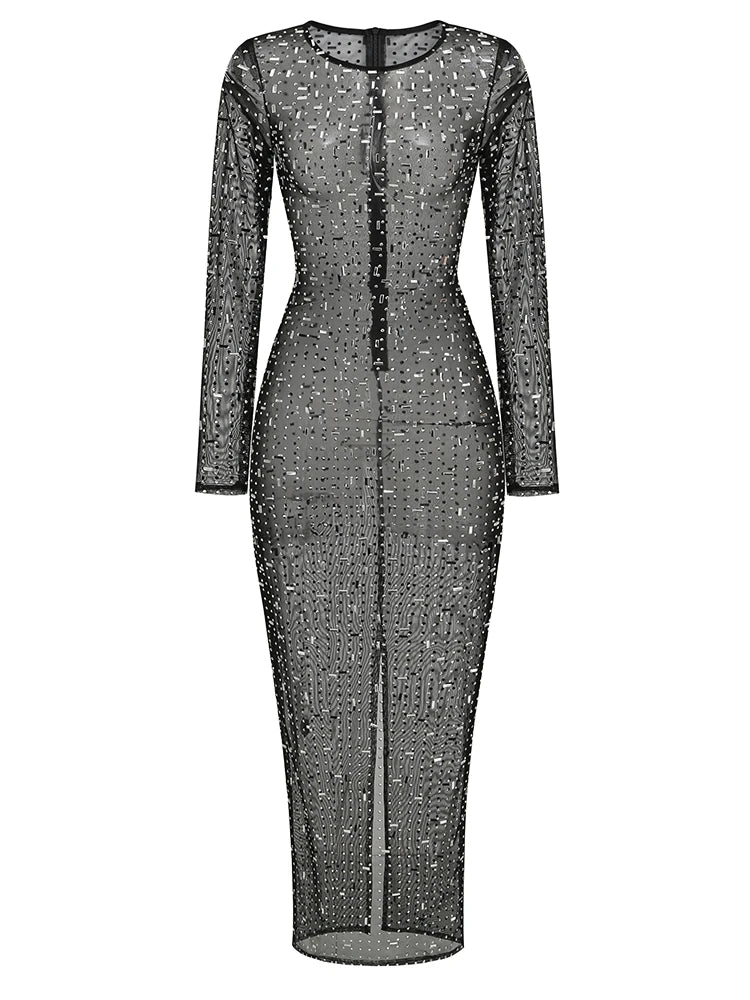 Vestido Longo Segunda Pele Com Strass Nude