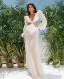 Vestido Longo Rendado Com Mangas Bufantes Off White