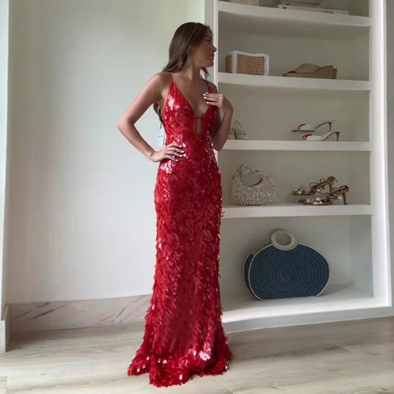 Vestido Longo Todo em Lantejoulas Vermelho