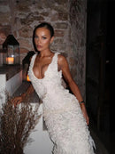 Vestido Longo Com Fenda Flores 3D Off White