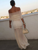Vestido Longo Ombro a Ombro Off White Elegant