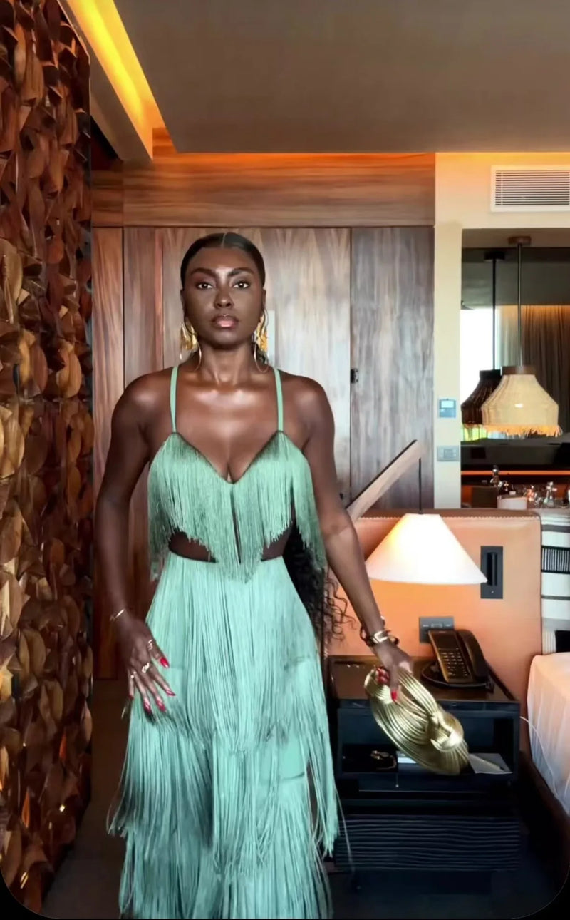 Conjunto 2 Peças Todo Em Franjas Top + Calça Verde