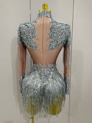 Macaquinho De Tule Manga Longa Com Pedrarias e Franjas